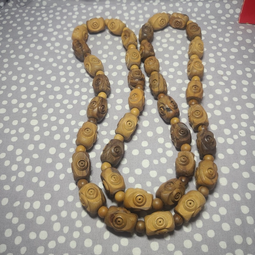 Vintage Hand Carved Olive Wood Bead Necklace Long -‎ 32" - No Closure